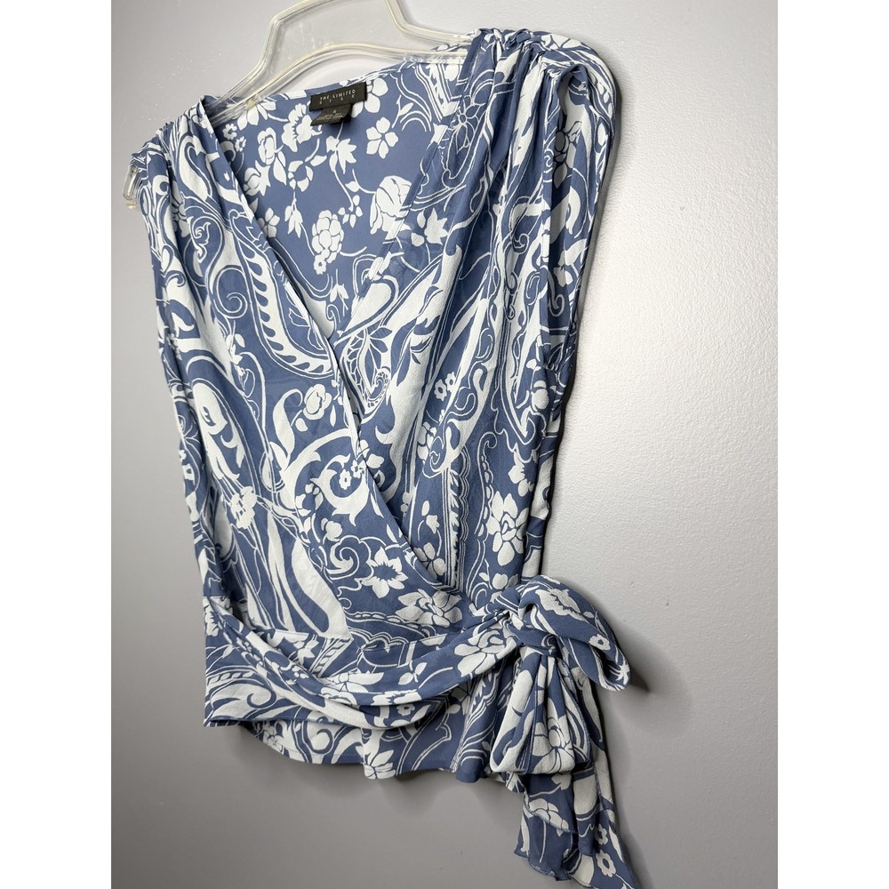 Vintage Y2K The Limited Silk Blouse S Blue White Paisley Surplice Babydoll Top